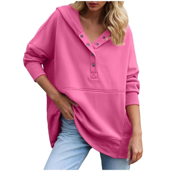 vigerkar Women's Casual Long Sleeve Sweatshirt Loose Henley Neck Pullover Tunic Tops Fashion Outfits (Hot Pink, M)