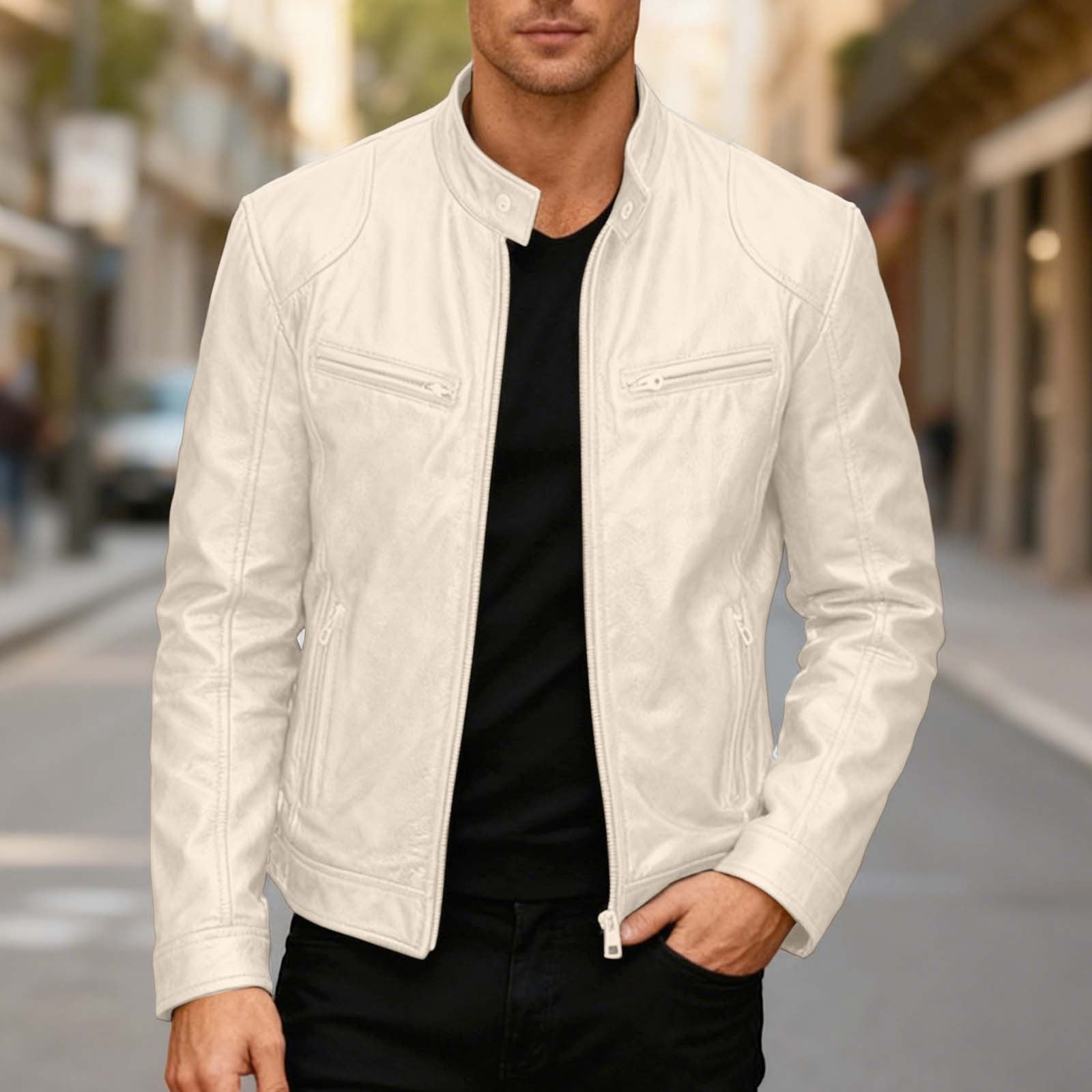 Wuxian Men Punk Leather Jacket Stand Collar Full Zip Up Business Oversized Long Sleeve Casual Cozy Windproof Stylish Dailywear,Beige,XXXL