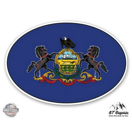 Pennsylvania State Flag Oval - 3" Vinyl Sticker - For Car Laptop I-Pad Phone Helmet Hard Hat - Waterproof Decal