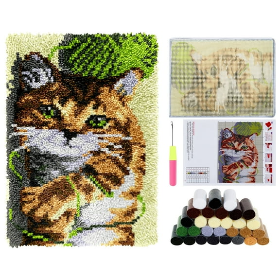 LINFANG Animal Cat Style Latch Hook Rug Kit Pre Printed Bright Color Latch Carpet Making Kit for Adults Kids Beginners