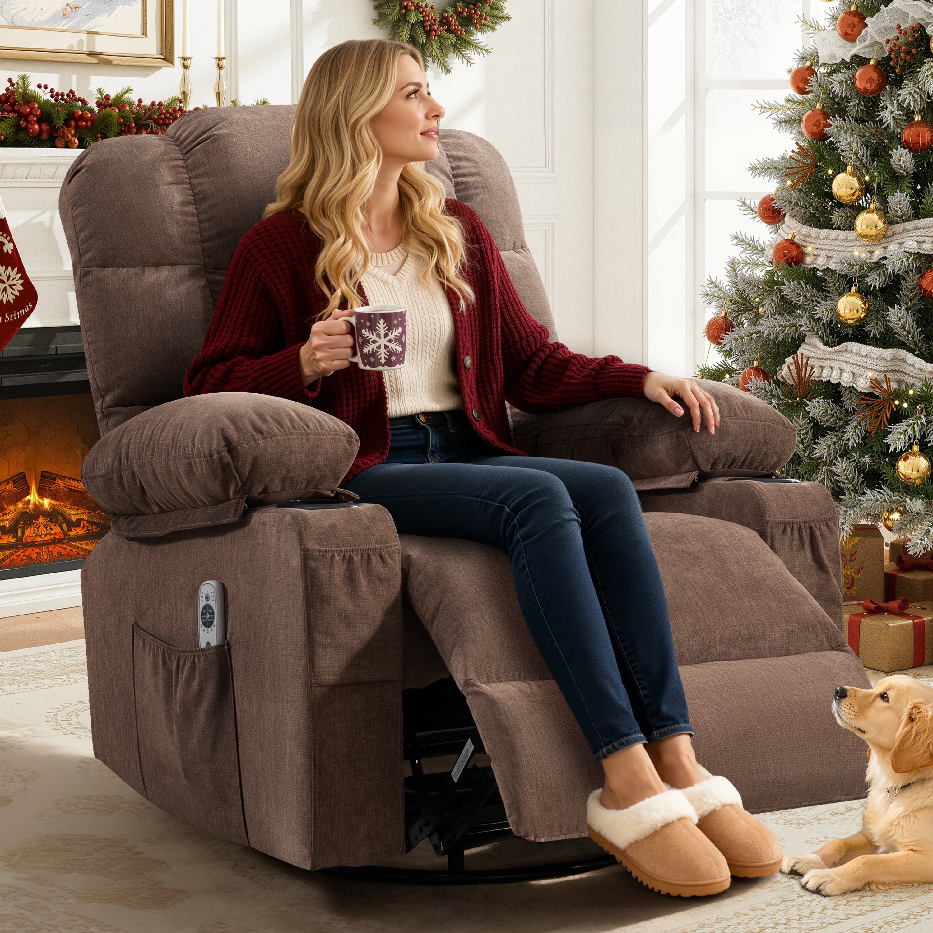 Swivel Rocker Chair, LEGAHOME Manual Glider Rocking Chair for Nursery with Massage and Heat, 22.8in Glider Massage Recliner Chairs for Adults, with Cup Holder and Side Pocket, Brown