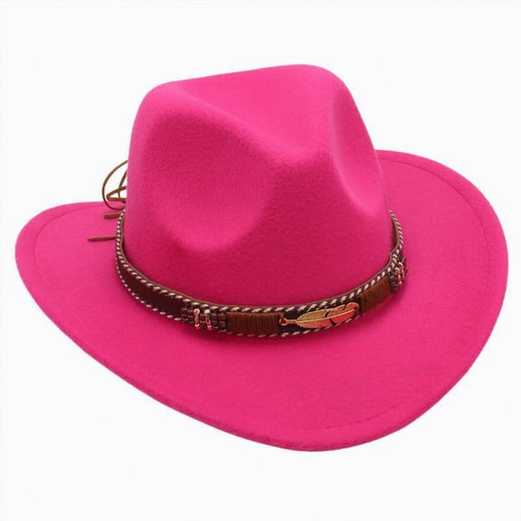 Xudanell Kids Western Cowboy Hat Wide Brim with Band Wool Felt Vintage Jazz Fedora Boys Girls Cowgirl Hats (Hot Pink, 3-8 Years)