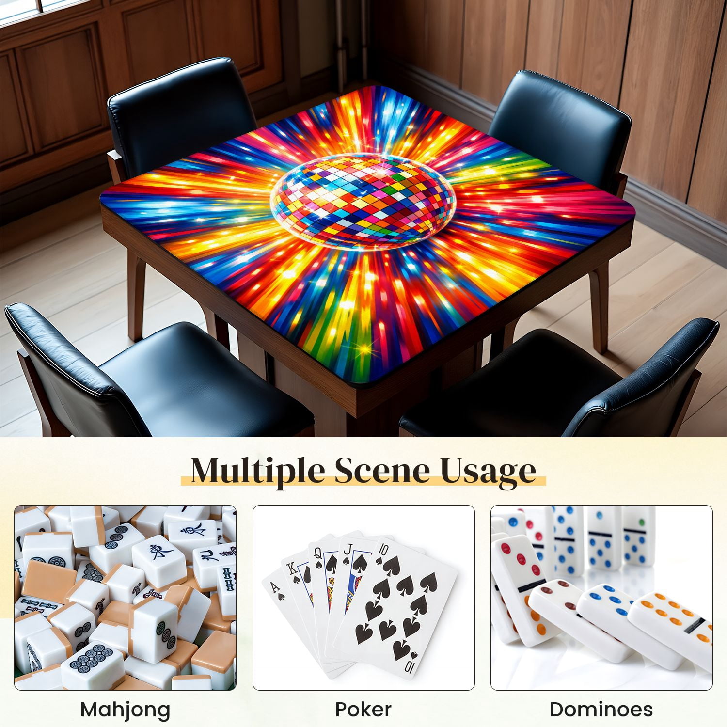 Mahjong Mat 31.5" x 31.5" Colorful Disco Ball Radiant Light Burst Abstract Non-Slip Noise Reduction Mahjong Tiles Table Cover for Dominoes Poker Card Board and Tile Games