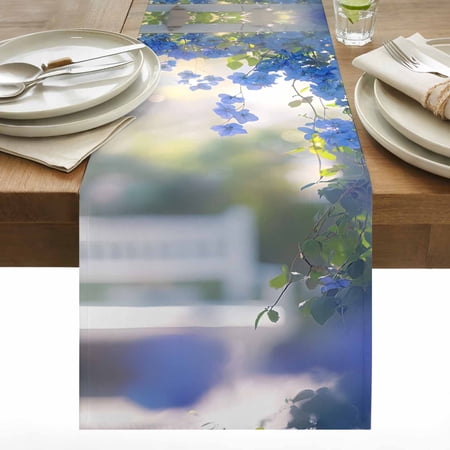 Blue Flower Cotton Linen Table Runner Spring Floral Leaf Botanical Plant Country Blurry Dining Table Runners for Home Decor Party Dining Room Restaurant Kitchen 13 x 72
