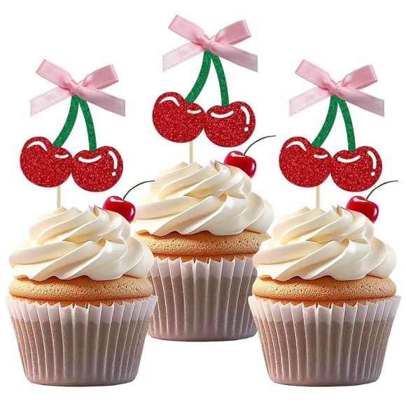 Adornos para magdalenas Aukolass Cherry Glitter Sweet, paquete de 24