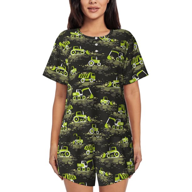 Balery Light Green Excavator Conjunto de Pijama para Mujer con Estampado, Dos Piezas de Manga Corta y Shorts, Ropa de Dormir Suave con Cuello Redondo y Bolsillos-4X-Large