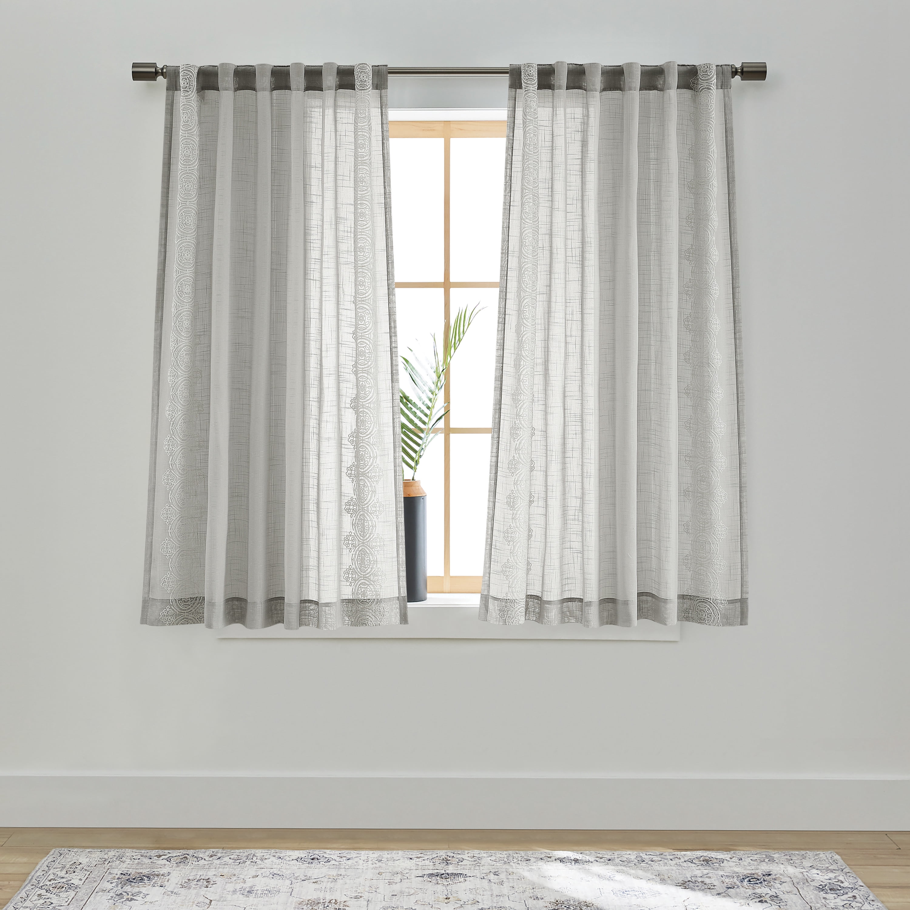 Better Homes & Gardens Embroidered Border Curtain Single Panel, Indoor, Rod Pocket/Back Tab, Soft Silver, 50" W x 63" L, Adult