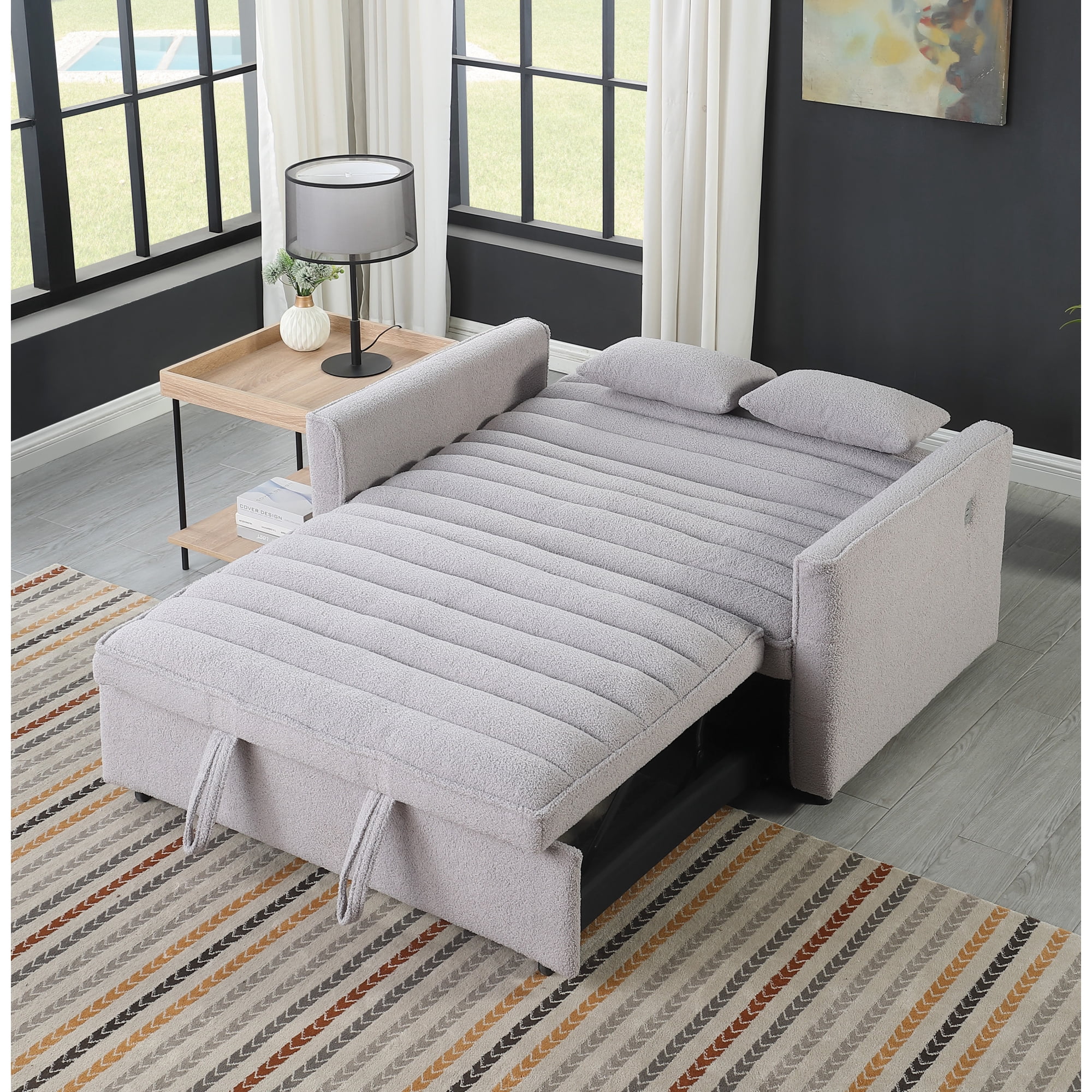 55" Convertible Sleeper Sofa Bed,Modern Boucle 3 in 1 Sleeper Sofa Couch Bed with 2 Pillows and Adjustable Backrest,2-Sater Sofa for Living Room, Bedroom,Light Gray