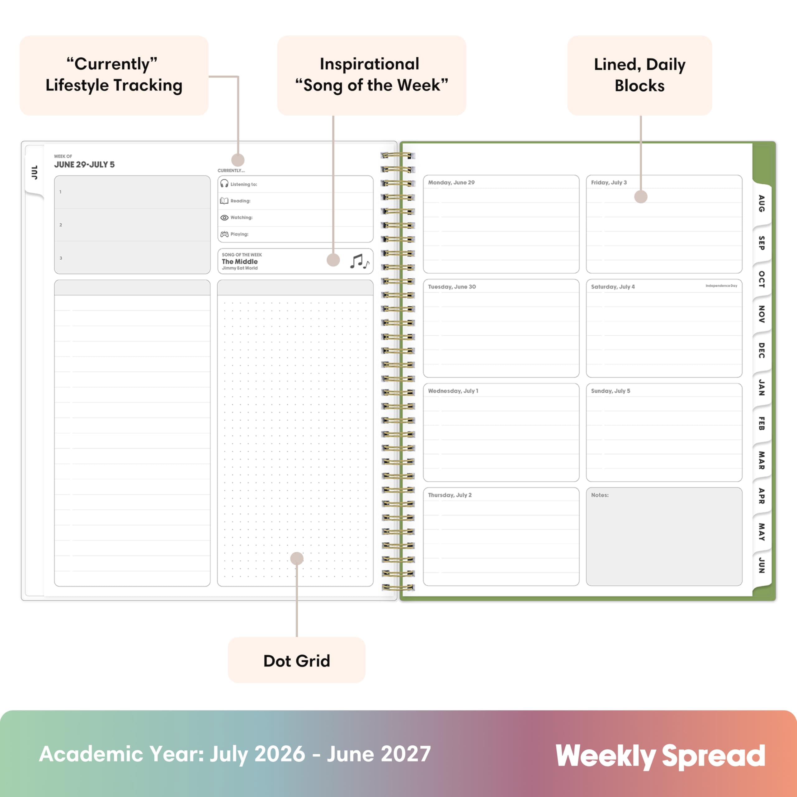 Blue Sky Gen Z 2026-2027 Weekly and Monthly Academic Year Planner Calendar, July 2026 - June 2027, 8.5" x 11", Flexible Interchangeable Cover, Wirebound, Laminated Tabs, Storage Pocket, Coreen