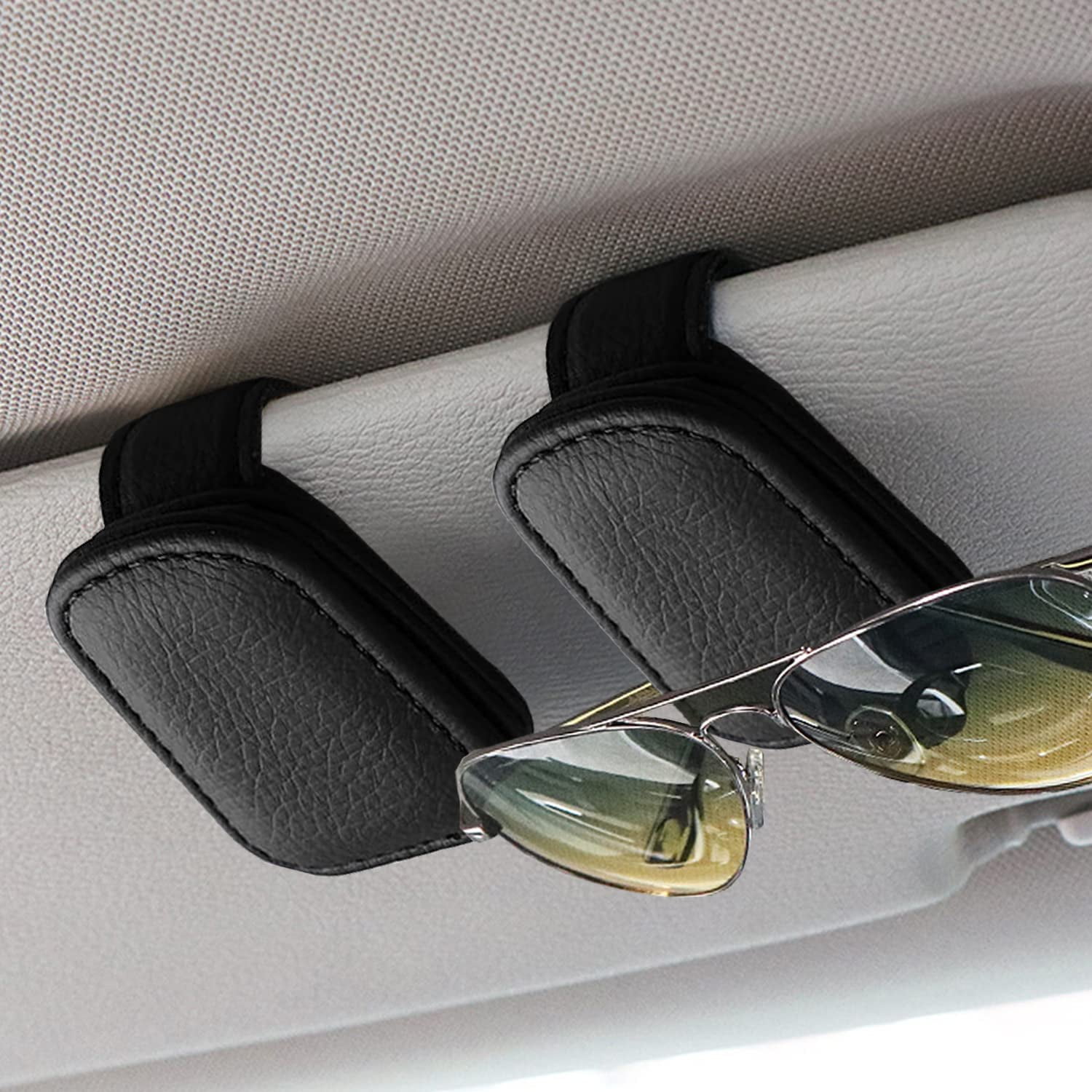 Sunglass Holder for Car, 2 Pack Leather Sunglasses Clip for Car Visor, Eyeglass Hanger