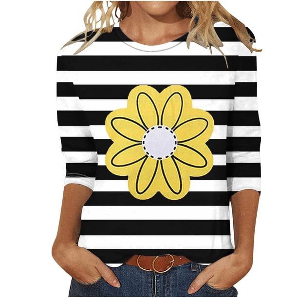 Camisetas Casuales de las Mujeres de Moda Impresa 3/4 Mangas Blusa Cuello Redondo para el Hogar Y Diario