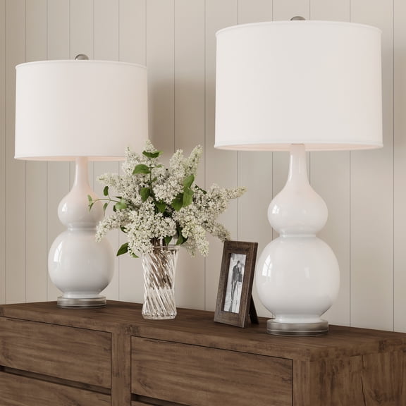 Lavish Home Set of 2 Double Gourd Ceramic Table Lamps with LED Bulbs, White