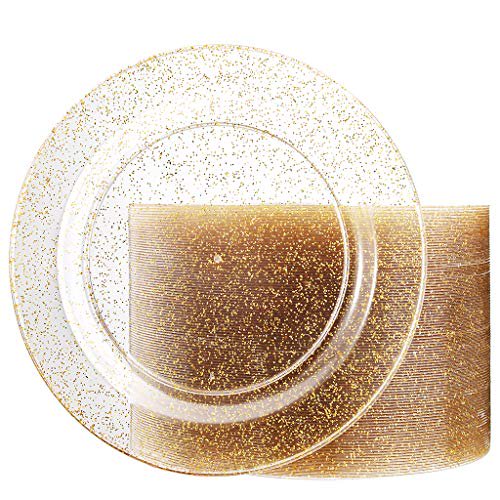 Liacere 100Pieces Gold Plastic PlatesDisposable Gold Glitter Appetizer