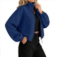 thumbnail image 2 of thefmos Women's Stand Collar Zip Up Long Sleeve Jacket with Pocket Drawstring Solid Color Casual Outerwear Trendy Spring Fall Outfit, Navy S, 2 of 9