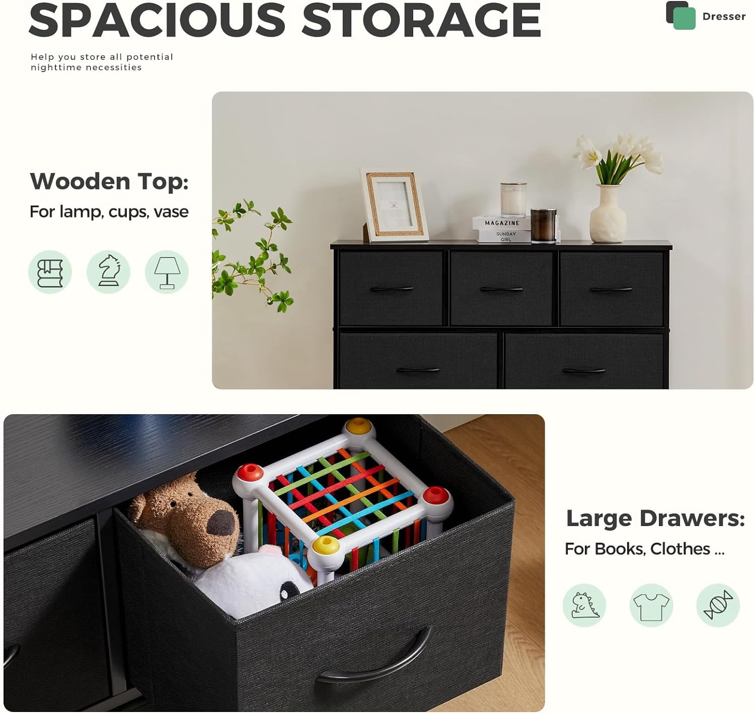 Black Dresser, Modern Simple TV Cabinet with Storage Drawers, Fabric TV Console, Media Gaming Stand for Living Room, Bedroom