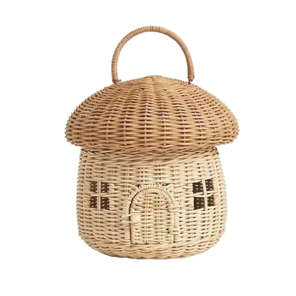 Cesta de almacenamiento de ratán, cesta tejida en forma de seta con tapa, cesta de fruta con mango tejido decorativo