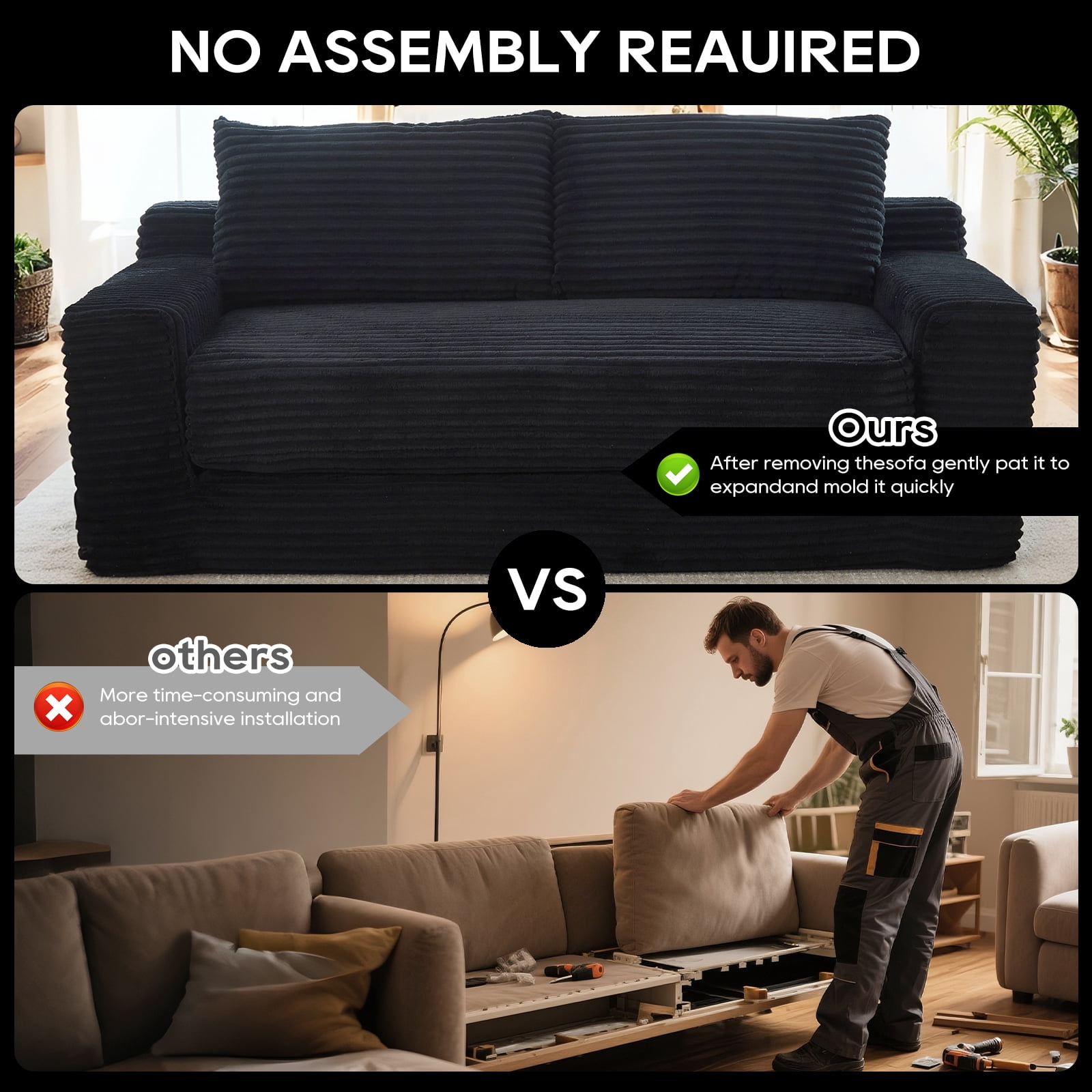 Leumius Convertible Loveseat Compression Sofa for Living Room,Corduroy 2 Seater Couch Memory Foam Sofa for Small Spaces,Apartments,Office,Black