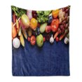 thumbnail image 1 of Harvest Soft Flannel Fleece Throw Blanket, Fresh Organic Fruits and Vegetables on Blue Wooden Table Natural Vegan Options, Cozy Plush for Indoor and Outdoor Use, 50" x 70", Multicolor, by Ambesonne, 1 of 6