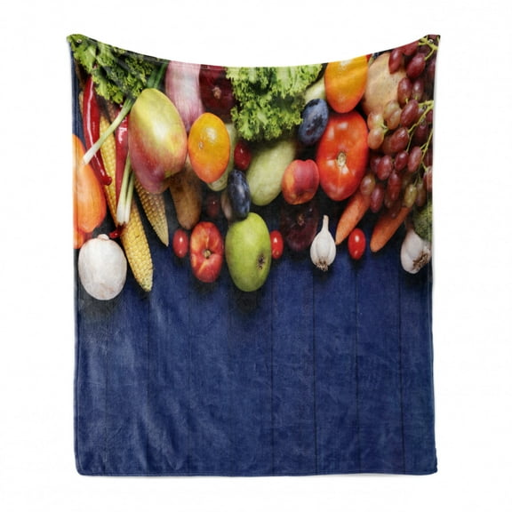 Harvest Soft Flannel Fleece Throw Blanket, Fresh Organic Fruits and Vegetables on Blue Wooden Table Natural Vegan Options, Cozy Plush for Indoor and Outdoor Use, 50" x 70", Multicolor, by Ambesonne