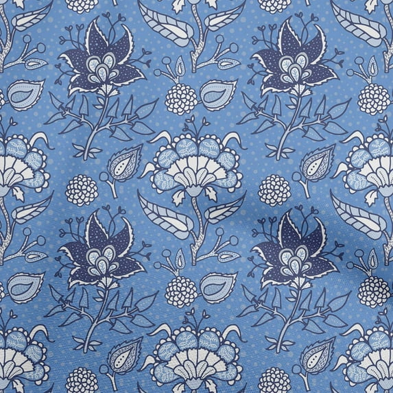 oneOone Cotton Jersey Blue Fabric Jacobean Floral Quilting Supplies Print Sewing Fabric By The Yard 58 Inch Wide