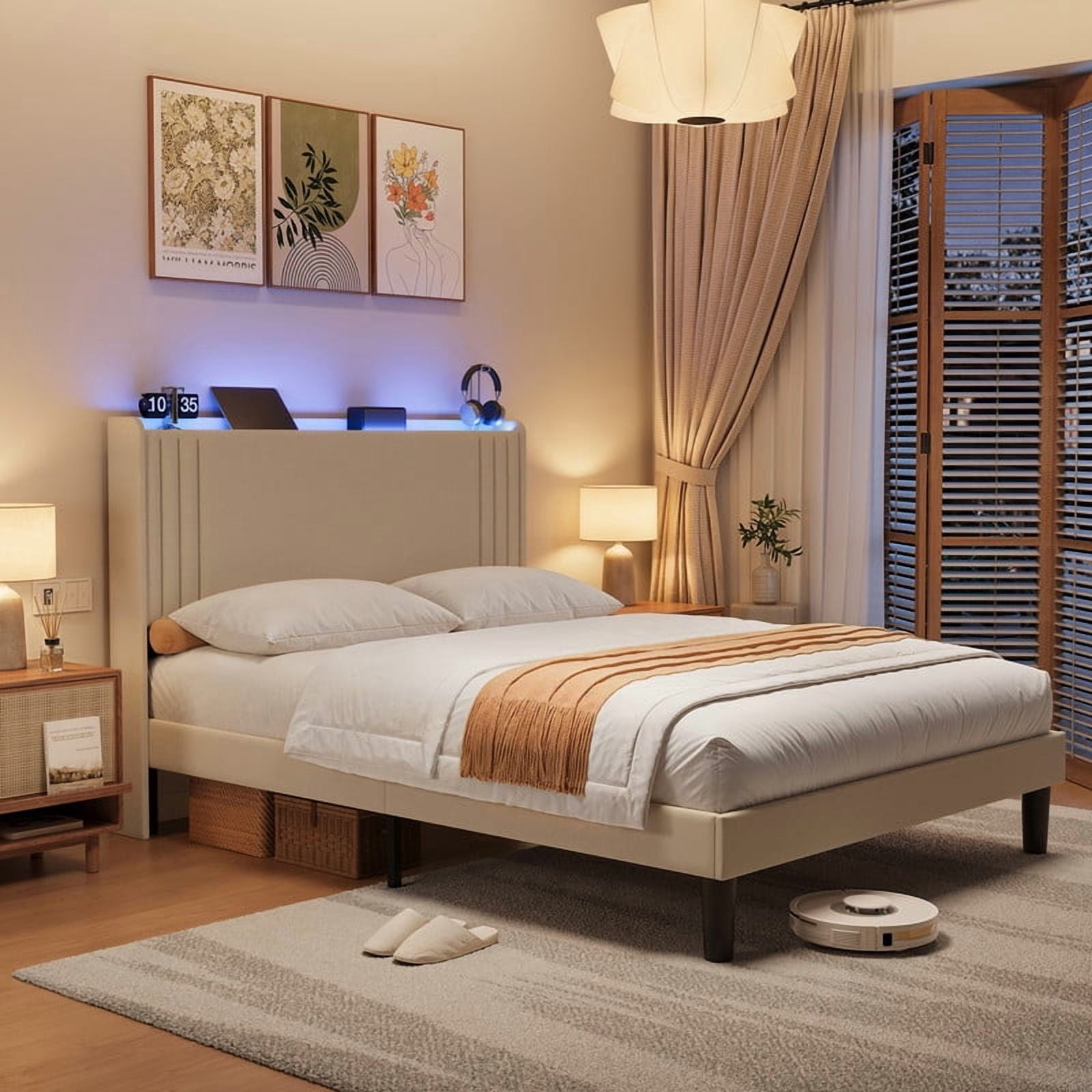 Queen Bed Frame Storage Headboard, Metal Platform Bed with Charging Station and LED Lights,Upholstered Wingback Platform Bed with Wooden Slats,Noise-Free,No Box Spring Needed,Bedroom