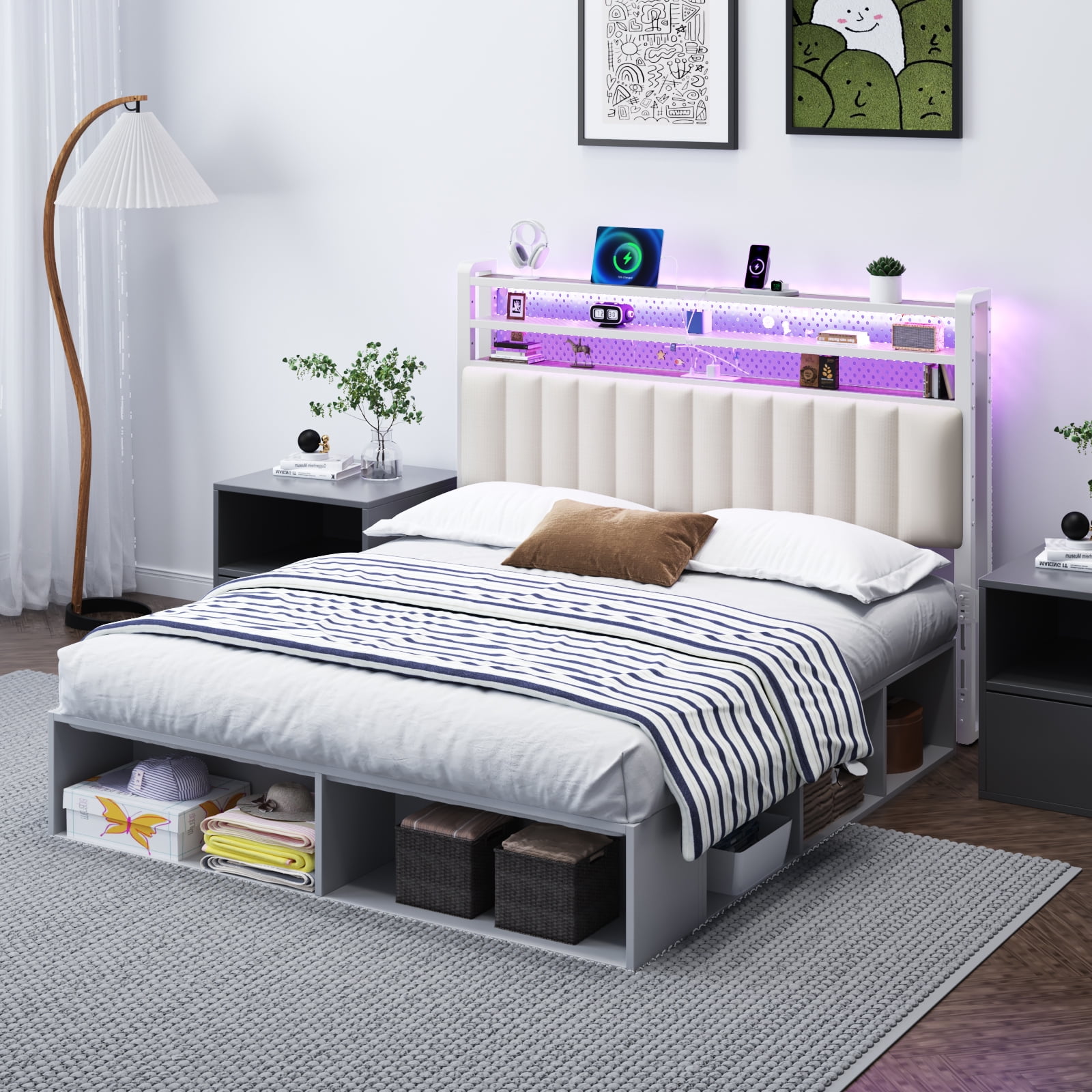 Zimtown Headboard for Full Size Bed with Storage, Linen Upholstered Head Board with LED Light and Charging Station, White
