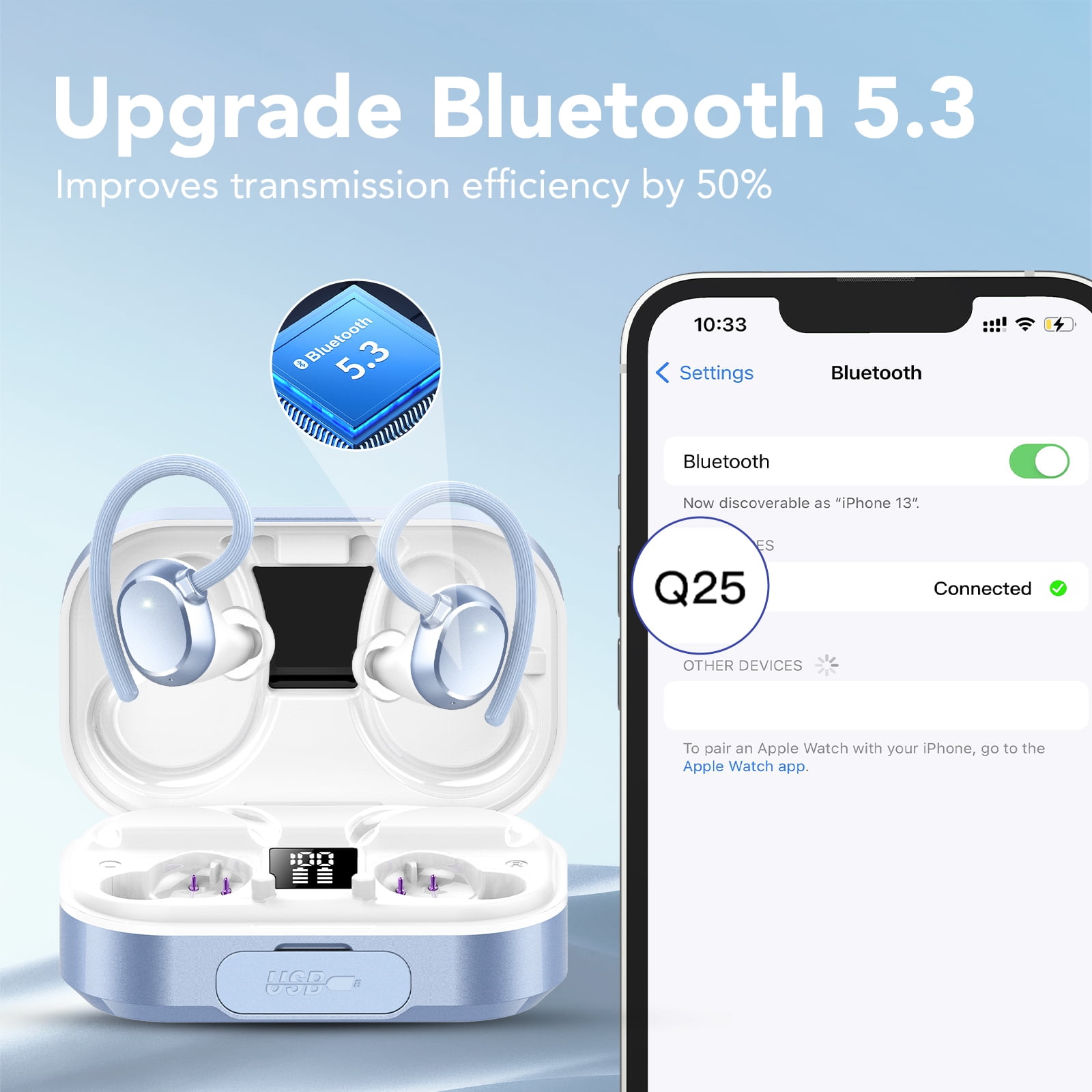 Tikland Wireless Earbuds 120H Bluetooth Headphone Sport, 2025 Bluetooth Earbuds Stereo Deep Bass Over Ear Bud with Earhooks, ENC Noise Cancelling, IPX7 Waterproof Earphone for Workout/Running Blue