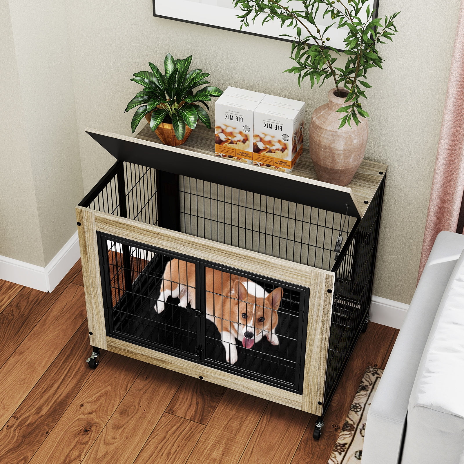 Gymax Dog Crate Furniture Industrial Dog Kennel w/ Flip-up Top Decorative Pet House Gray