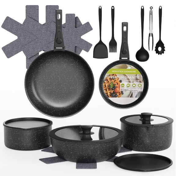 Furnibear 20pcs Pots and Pans Set Nonstick, Kitchen Ceramic Cookware Set for RV and Camping, with Pots Protectors and Cooking Utensils, Black