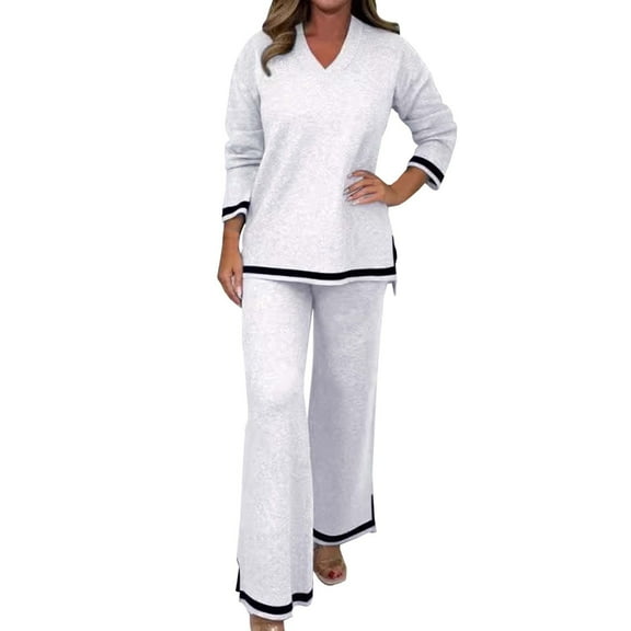 HJYCHN Women Trousers Suit Casual Solid Color Knitted Long Sleeve Pants for Elegant Wear Elegant Knitwear Long Sleeve Pants Suits Sophisticated Comfort White XXL