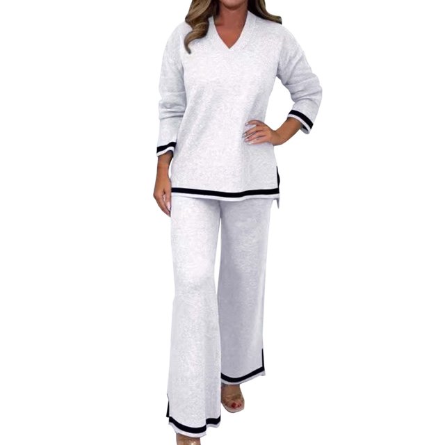 Ladies Casual Solid Color Knitted Long Sleeve Pants Suit - Soft Imitation Fabric Two Piece Set, Loose Elastic Design for Spring/Autumn/Winter, Suitable for Daily/Party/Holiday