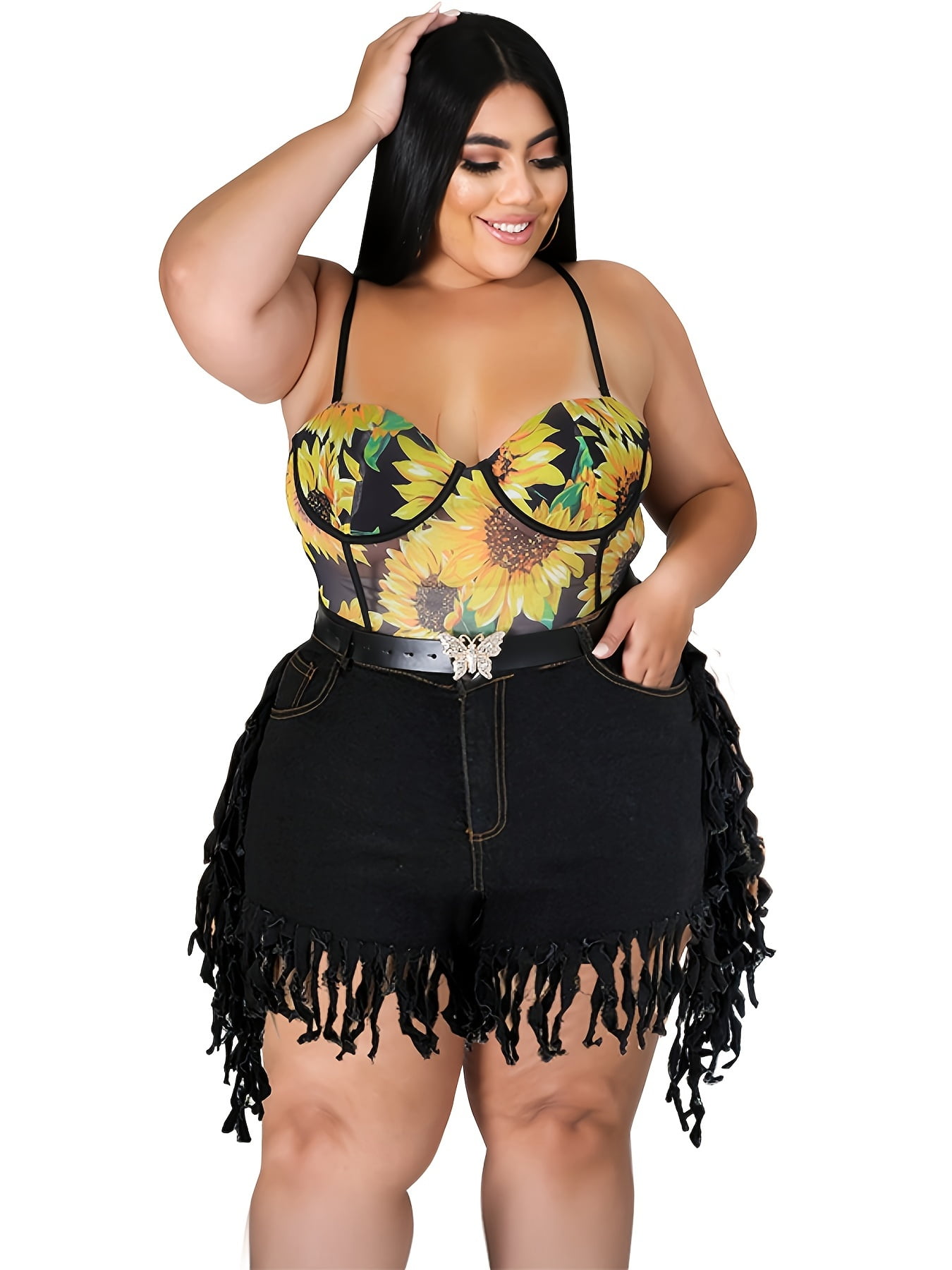 Plus Size Fringe Trim Denim Shorts Women's Plus Medium Stretch Elegant Jean  Shorts - Walmart.com