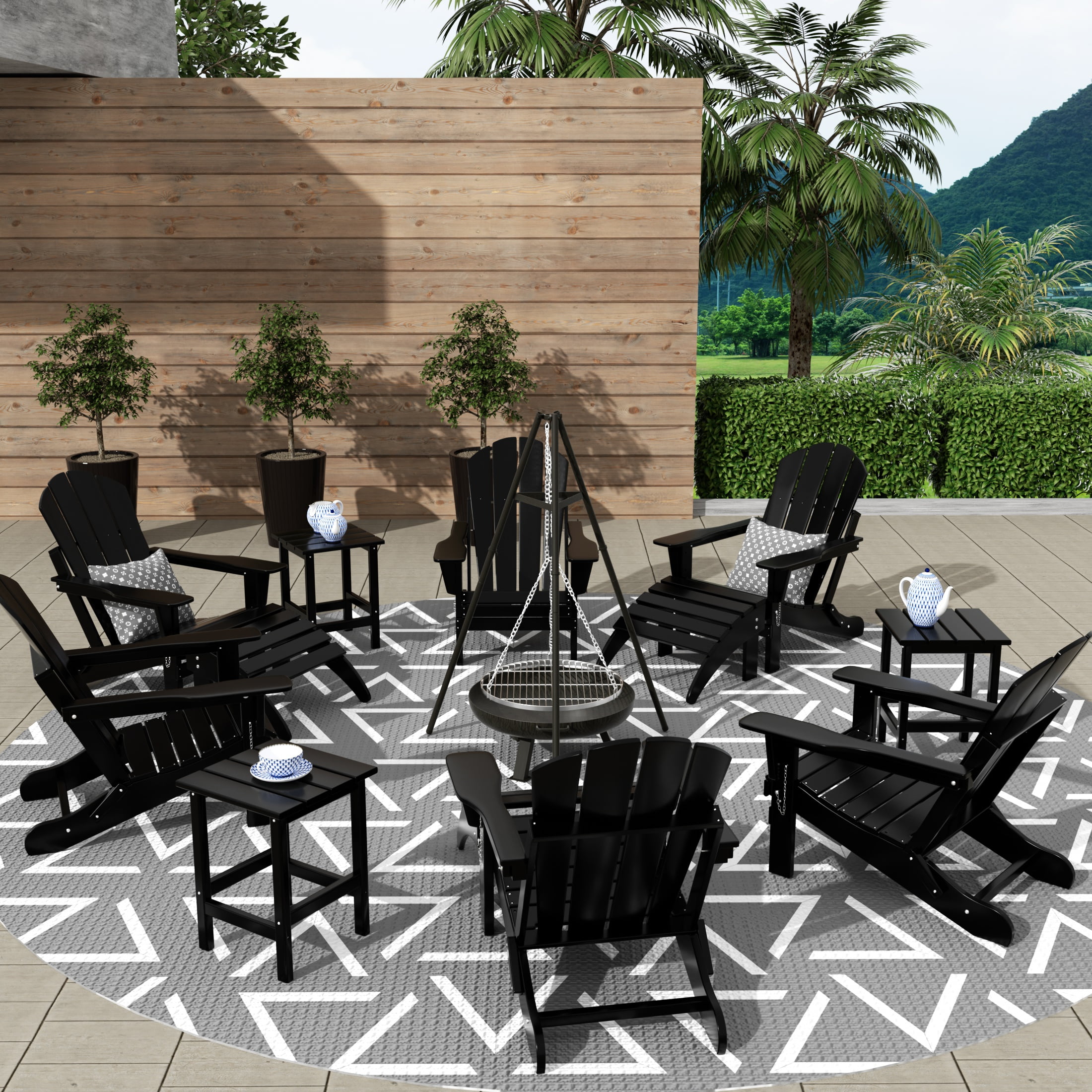 WestinTrends Malibu 12 Piece Adirondack Chairs Set, All Weather Poly Lumber Outdoor Patio Furniture Set Adirondack Chairs with Ottoman and Side Table, Black