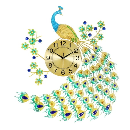 Beautiful Peacock Shaped Wall Clock with Gold, Blue, and Green Colors, Aluminum Pointers, and Decorative Artificial Diamonds