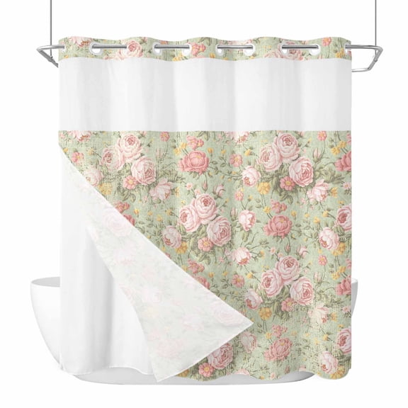 Pink Flowers No Hook Shower Curtain Waterproof, Bathroom Curtains with Snap in Liners and See Through Top Window, Green Country Botanical Floral Leaves Hotel Style Bathtub Curtains Shower 72"Wx78"L