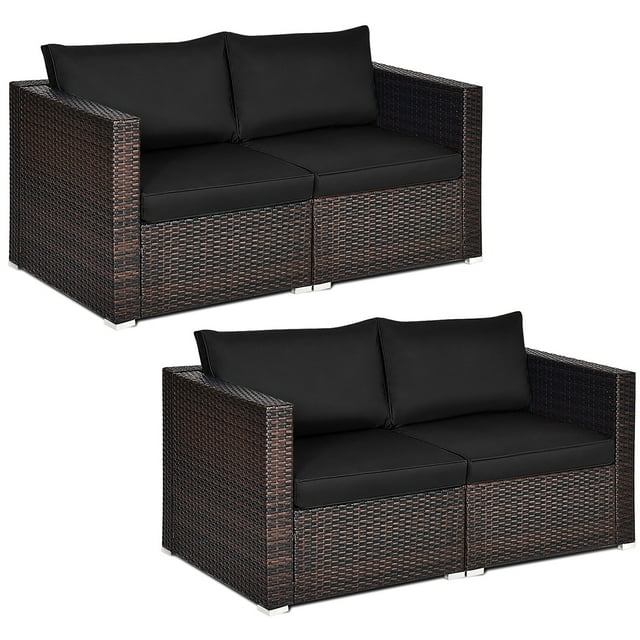 Costway Ensemble de Mobilier Sectionnel d'Angle en Rotin pour Patio 4 Pcs Coussin Noir
