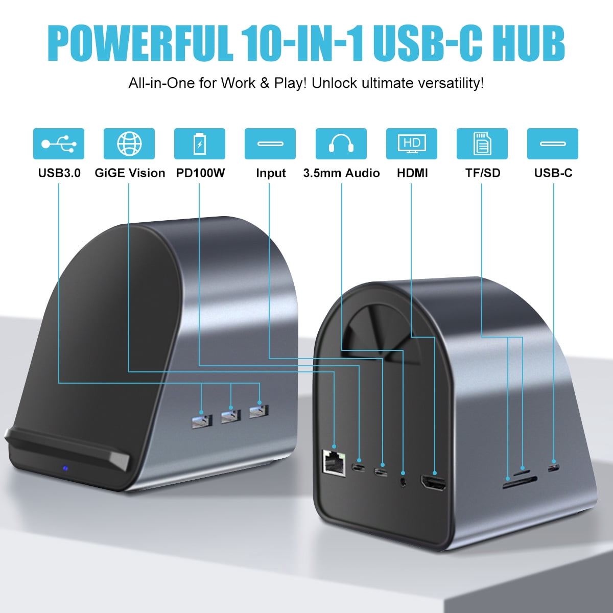 Performance Master 10-in-1 USB-C Multifunction Docking Station Wireless Charging USB3.0 Ports PD100W Fast Charging 4K HDMI SD/TF Card Reader Fit for Windows Mac  Android iPad