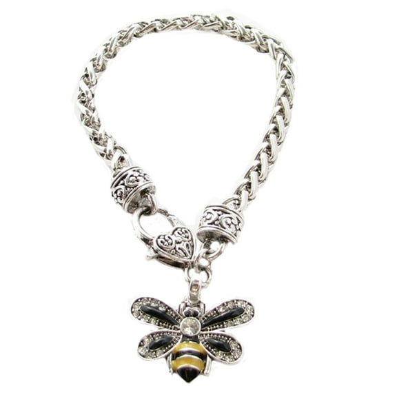 Bumble Bee Crystal Charm On Silver Plated Fashion Bracelet.