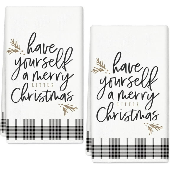 Merry Little Christmas Kitchen Towels 18 x 26 Inch White Black Plaid Dish Towel Rustic Absorbent Hand Drying Tea Towel for Xmas Winter Cooking Baking Bathroom Decor,2 Pcs
