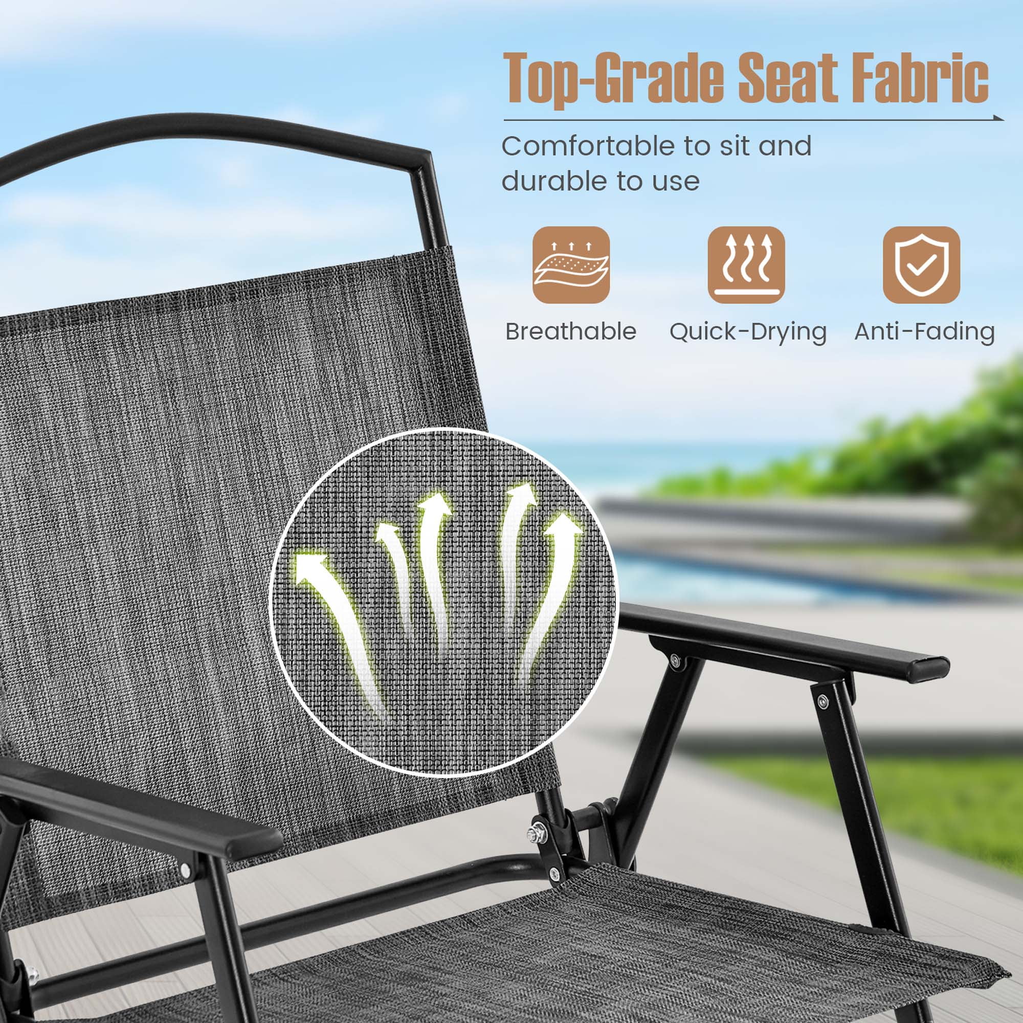 Costway Patio Folding Dining Chairs Set of 4 with Cozy Seat Fabric & Heavy-Duty Metal Frame Grey