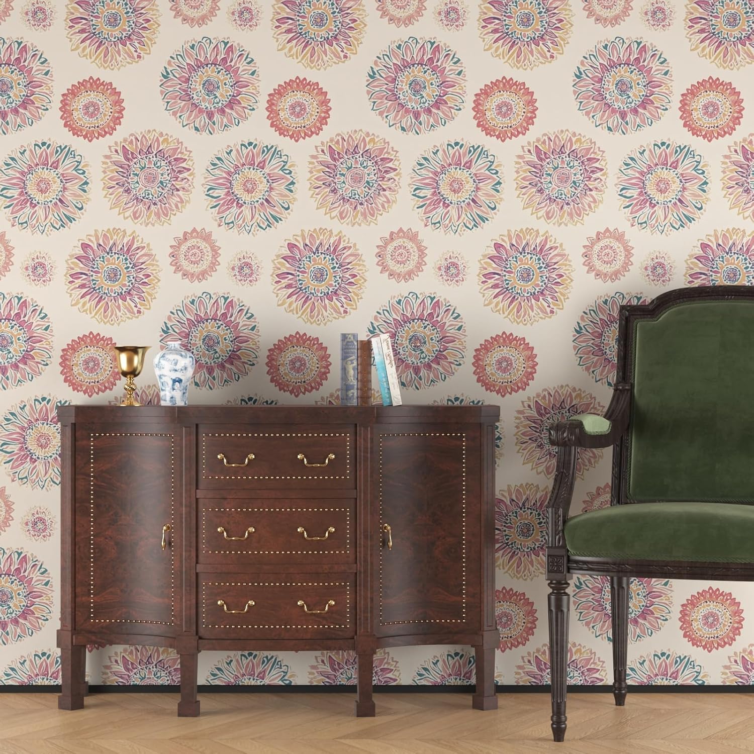 Boho Wallpaper Peel and Stick, Vintage Circle Floral Contact Paper, Abstact Beige/Blue/Pink Retro Flower Wall Paper Self Adhesive Removable Waterproof for Walls Shelves Cabinet Table 17.5" x 118"