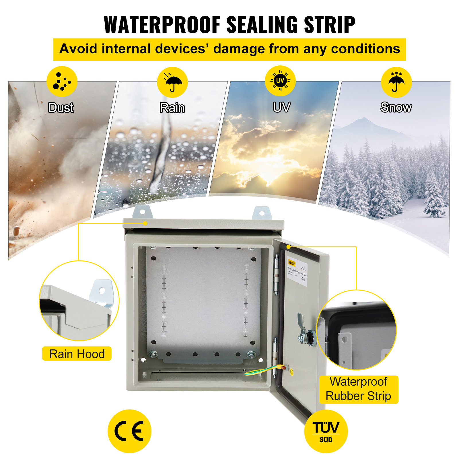 VEVOR Electrical Enclosure, 12'' x 12'' x 8'', UL Certified NEMA 4 Outdoor Enclosure, IP65 Waterproof & Dustproof Cold-Rolled Carbon Steel Hinged Junction Box for Outdoor Indoor Use, with Rain Hood