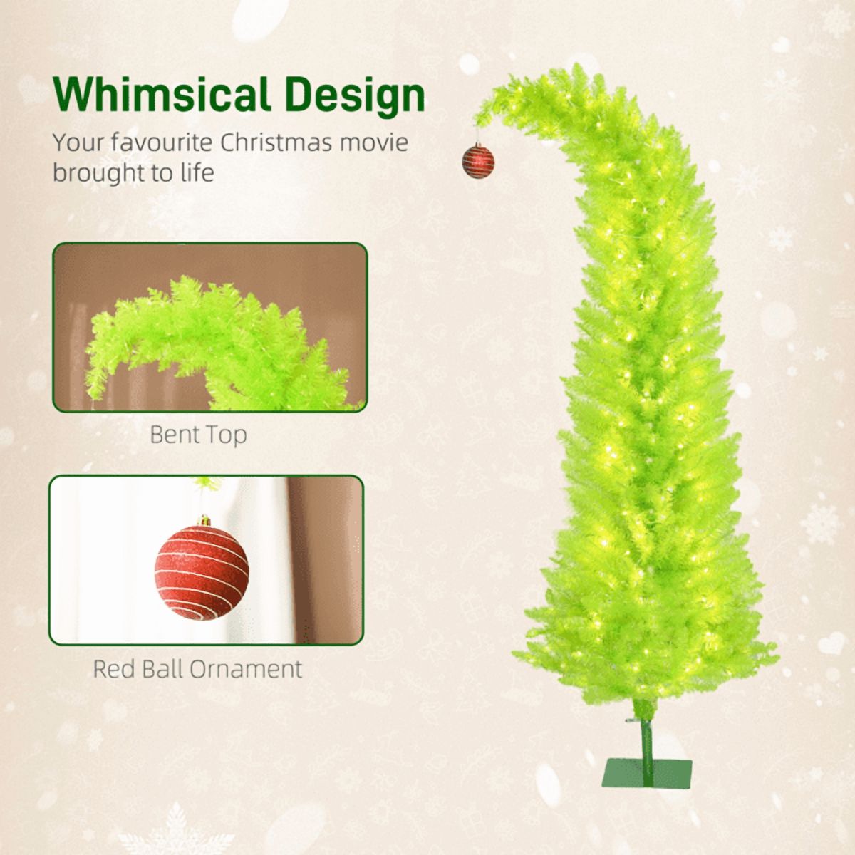 6FT Whimsical Pencil Christmas Tree, Pre-Lit with 230 Warm White LEDs, 555 Branch Tips, Metal Base for Small Spaces or Apartments