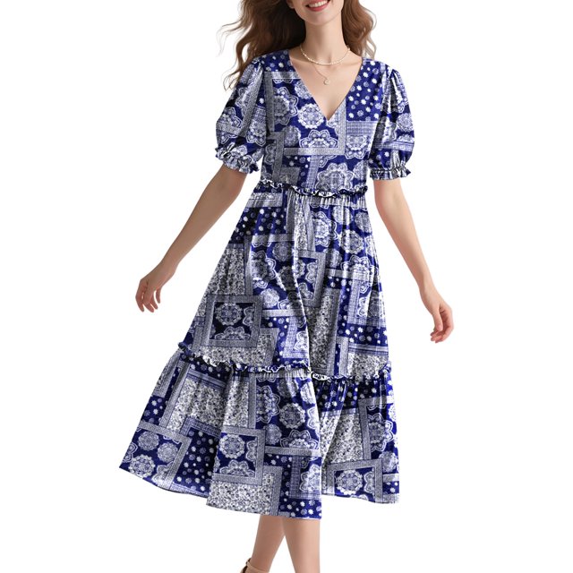 Vestido midi YESNO de verano con estampado floral con cuello en V y manga abullonada para mujer
