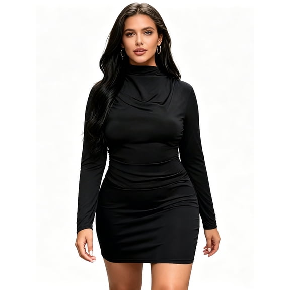 LMLYSoH Plus Size Long Sleeve Dresses for Women Solid Color Slim Fit Mock Neck Short Bodycon Dress