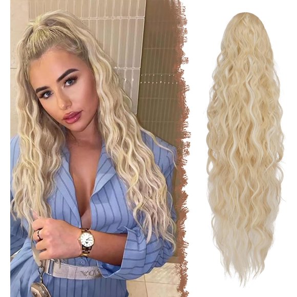 shiyou-Long Ponytail Extensions, Drawstring Clip in Curly Wavy Hairpieces Synthetic Ponytails Hair Piece Pony Tail Extension for Women, Blonde Highlighted Bleach Blonde 26 inch
