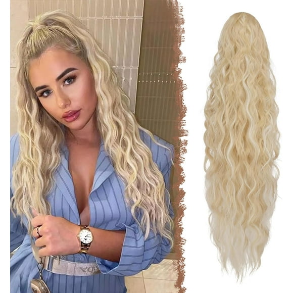 shiyou-Long Ponytail Extensions, Drawstring Clip in Curly Wavy Hairpieces Synthetic Ponytails Hair Piece Pony Tail Extension for Women, Blonde Highlighted Bleach Blonde 26 inch