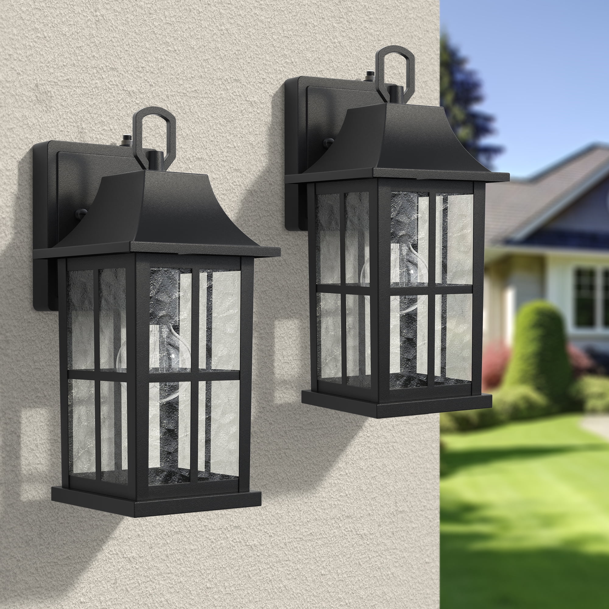 Maxax 2-Pack Black Outdoor Wall Lights, Waterproof Dusk-to-Dawn Exterior Wall Lanterns with Ripple Glass for Porch, Garage, Entryway, Patio