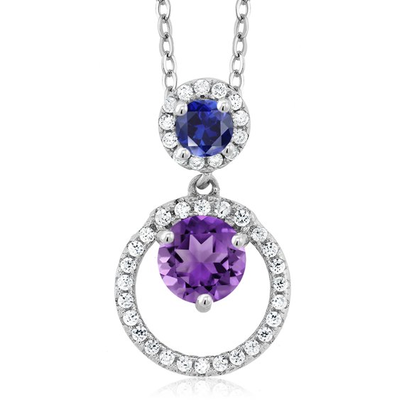 Gem Stone King 925 Sterling Silver Purple Amethyst and Blue Created Sapphire Pendant Necklace for Women (1.85 Cttw, Gemstone February Birthstone, Round 6MM and 4MM)