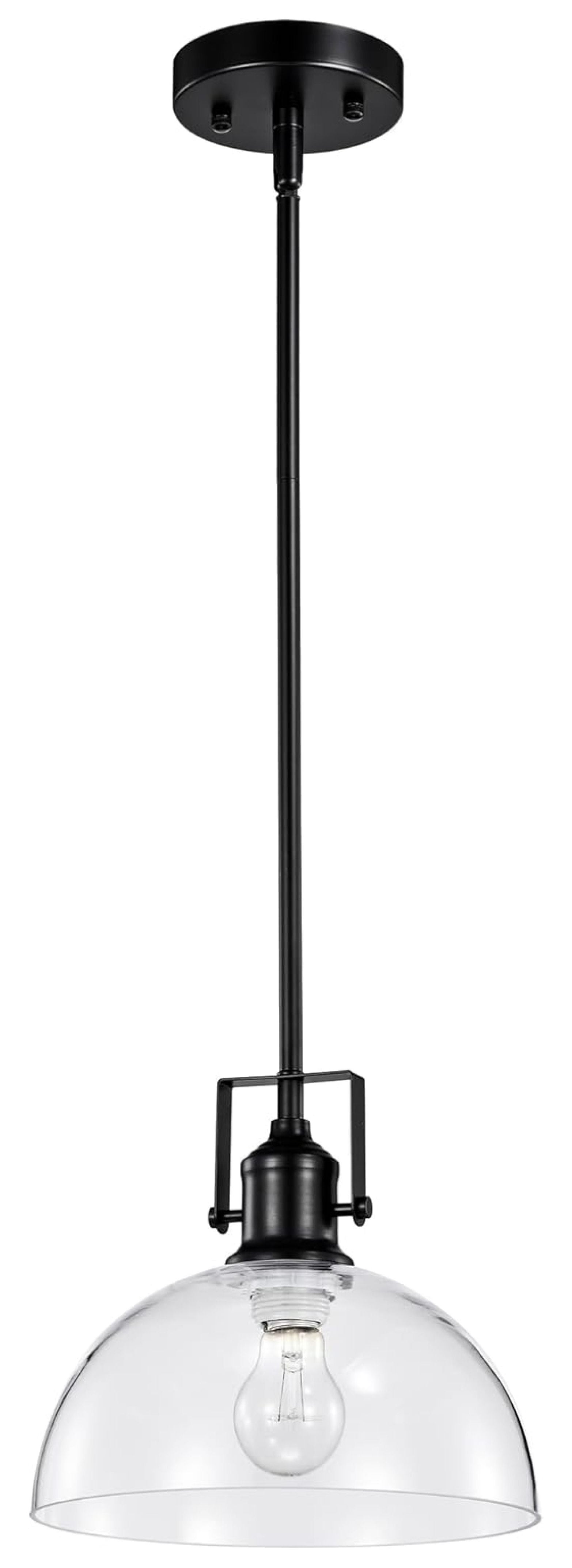 1-Light Kitchen Pendant Light with Handblown Clear Glass Shade, Adjustable Rods Farmhouse Ceiling Lighting Fixture for Kitchen Island, Sink, Matte Black Finish, 10 in.